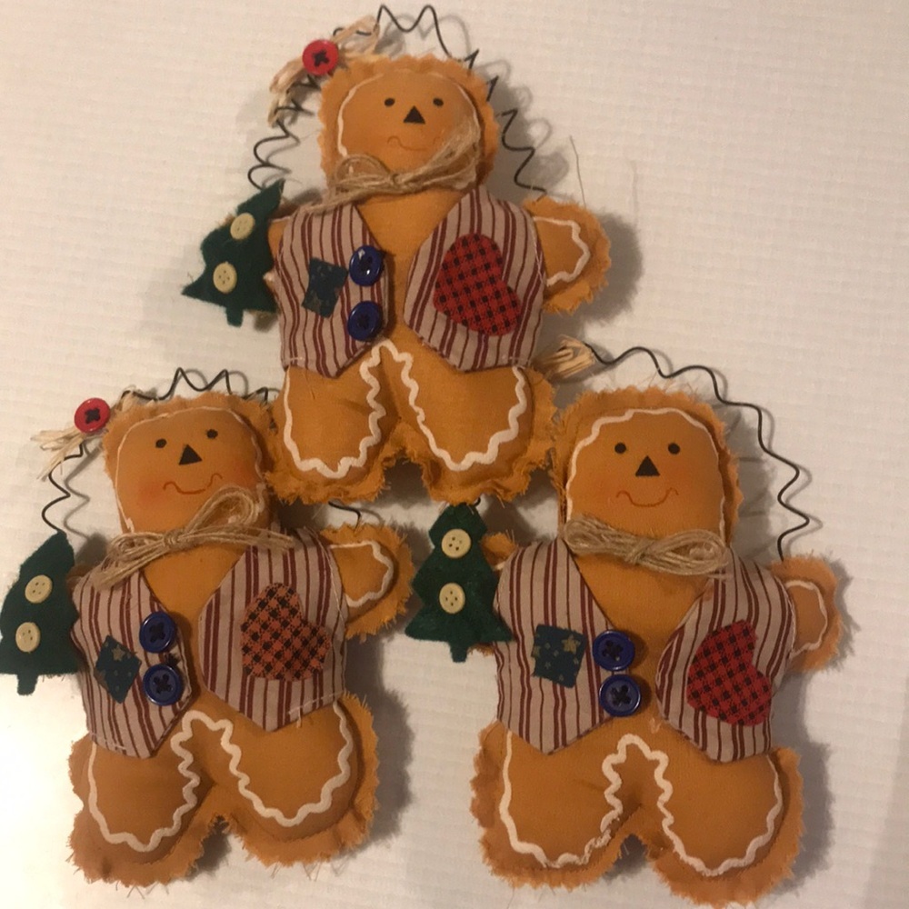 Vintage set if 3 ginger bread cookie Christmas tree ornaments & one canvas bag